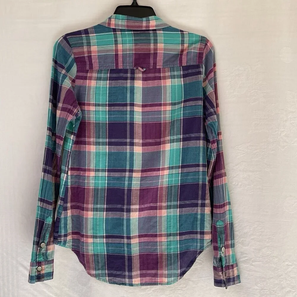 Buckle BKE Womens Small Fitted Button Up Eased Long‎ Sleeve Plaid Shirt Cotton
